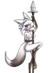 anthro blue_eyes blush breasts dancing female fur hair holding_object holding_weapon melee_weapon navel nipples nude pole pole_dancing polearm simple_background solo spear tail weapon white_body white_fur white_hair blue-01 atlus sega unicorn_overlord vanillaware dinah_(unicorn_overlord) canid canine canis fennec_fox fox mammal true_fox 2024 digital_media_(artwork) hi_res