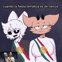 anthro black_sclera duo female fur hair horn male male/female mexican mexican_flag mexico open_mouth political_cartoon politics president simple_background text white_body white_fur white_hair disastercat andres_manuel_lopez_obrador claudia_sheinbaum nick_(disastercat) olivia_sallow deer domestic_cat felid feline felis mammal 1:1 reference_image spanish_text