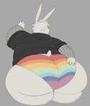 5_fingers anthro big_butt butt clothed clothing dot_eyes fingers fur grey_background hair hand_on_butt lgbt_pride long_ears looking_back male multicolored_clothing multicolored_underwear obese obese_anthro obese_male overweight overweight_anthro overweight_male pride_color_clothing pride_color_underwear pride_colors rainbow_clothing rainbow_underwear scut_tail short_tail simple_background solo tail underwear white_body white_fur white_hair calebcorduroy desmond_(calebcorduroy) lagomorph leporid mammal rabbit 2024 hi_res