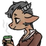 anthro beverage blush breasts broken_horn brown_body brown_clothing brown_fur brown_sweater brown_topwear claws clothed clothing coffee coffee_cup collared_shirt container cup eye_bags female fur grey_hair grey_horn hair holding_coffee_cup holding_container holding_cup holding_object horn nose_blush shirt short_hair simple_background small_breasts smile solo steam sweater topwear white_background white_clothing white_collared_shirt white_shirt white_topwear manitka manitka_storm bovid bovine cattle mammal 1:1 2019 digital_media_(artwork) low_res