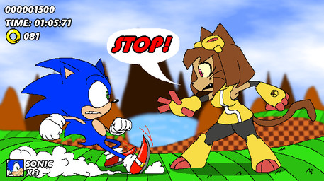 3_toes 4_fingers anthro breasts clothing curvy_figure cute_fangs dialogue duo fangs feet female fingers footwear gameplay_mechanics green_eyes green_hill_zone hourglass_figure lake magenta_eyes male mountain running shoes sneakers teeth thick_thighs toes whiskers 7thboyofdynamite gameoverse glitch_productions sega sonic_the_hedgehog_(series) kit_bodega sonic_the_hedgehog domestic_cat eulipotyphlan felid feline felis hedgehog mammal crossover