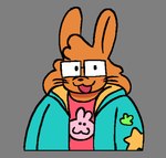 :3 anthro black_nose black_outline blue_clothing blue_hoodie blue_jacket blue_topwear clothed clothing eyewear fur glasses grey_background hair happy hoodie jacket long_hair looking_at_viewer male open_clothing open_hoodie open_jacket open_mouth open_smile open_topwear orange_body orange_fur orange_hair outline overweight overweight_anthro overweight_male pink_clothing pink_shirt pink_topwear rectangular_glasses shirt simple_background smile snout solo topwear whiskers cassicat lagomorph leporid mammal rabbit 2023 character_request digital_media_(artwork) half-length_portrait portrait