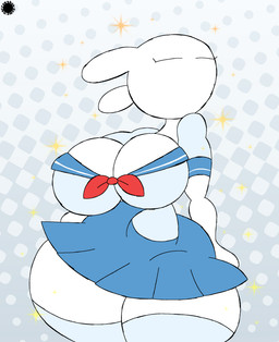 anthro asian_clothing big_breasts blue_clothing blue_footwear blue_legwear blue_socks blue_thigh_highs blue_thigh_socks bottomwear breasts clothing curvy_figure east_asian_clothing eyelashes female footwear fur halftone_background japanese_clothing japanese_school_uniform legwear logo mouthless pattern_background school_uniform serafuku simple_background skirt socks solo spherical_breasts star_emanata text thick_thighs thigh_highs thigh_socks uniform white_body white_fur wide_hips thatdawgmurray tuzki lagomorph leporid mammal rabbit aliasing artist_logo artist_name digital_media_(artwork) halftone hi_res signature busty_boy_(lore)