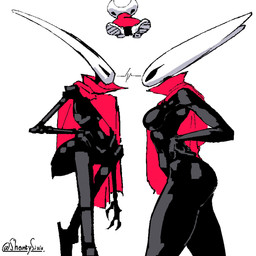 black_arms black_body black_breasts black_butt black_exoskeleton black_fingers black_hands black_legs breasts butt cloak cloak_only clothed clothing exoskeleton eye_contact footwear looking_at_another monotone_cloak red_cloak red_clothing square_crossover white_clothing white_footwear white_head shantysixix hollow_knight_(franchise) team_cherry hornet_(hollow_knight) arthropod 1:1 hi_res