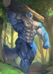 abs anthro barazoku big_biceps big_muscles big_pecs black_nipples black_nose blue_body blue_fur bodily_fluids bulge clothed clothing drooling forest fur green_eyes holding_object huge_muscles humanoid_hands jewelry log looking_at_viewer male multicolored_body multicolored_fur muscular muscular_anthro muscular_male necklace nipples outside pecs plant saliva solo sweat tattoo thong topless tree two_tone_body two_tone_fur underwear vein veiny_arms veiny_muscles walking white_body white_fur wood echin canid canine canis mammal wolf 2021 absurd_res hi_res