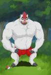 2016 anthro big_muscles brown_markings bulge chest_tuft clothed clothing fangs fur generation_3_pokemon hair huge_muscles hyper hyper_muscles jabuhusky kemono male mammal markings muscular muscular_anthro muscular_male nintendo outside pokeball pokemon pokemon_(species) red_hair red_nose solo standard_pokeball teeth tuft vigoroth white_body white_fur yellow_eyes