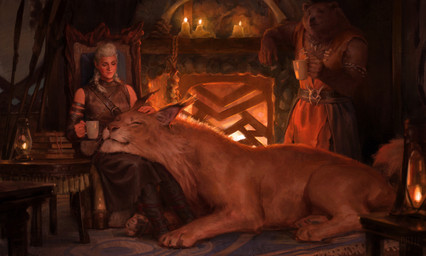 anthro belt belt_buckle book brown_body brown_fur buckle candle candlelight chair chin_on_leg clothed clothing container content cup ear_tuft eyes_closed female feral fire fireplace fur furniture group head_on_lap headpat hearth holding_container holding_cup holding_object inside jewelry lamp lantern light light_body light_skin lying male necklace on_front on_lap pawpads paws petting rug shadow sitting sleeping sleeveless_clothing smile stone_wall table tail tan_body tan_fur trio tuft wall_(structure) wood wood_furniture karla_ortiz guild_wars bear felid feline human kodan_(species) lynx mammal warclaw 2024 colored digital_media_(artwork) digital_painting_(artwork) hi_res lighting official_art painting_(artwork) shaded wallpaper warm_colors