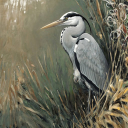 beak black_markings feathers feral grass grey_body grey_feathers long_beak markings plant reeds solo white_markings yellow_beak yellow_eyes renum63 avian bird great_heron grey_heron heron pelecaniform 1:1 2014 acrylic_painting_(artwork) painting_(artwork) traditional_media_(artwork) traditional_painting_(artwork)