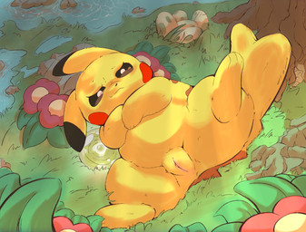 anthro anus black_ear_tips black_ears black_eyes black_nose cheek_spots dipstick_ears ear_markings egg feet female feral flower fur genitals grass light_ball_(pokemon) looking_at_viewer lying multicolored_body multicolored_ears nude on_back plant pokemon_egg presenting red_body red_fur semi-anthro smile smug smug_face smug_grin soles solo tail toes vulva water yellow_body yellow_eyes the_creacher nintendo pokemon generation_1_pokemon mammal pikachu pokemon_(species) rodent hi_res