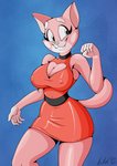 anthro big_breasts blue_background blue_eyes breasts cleavage cleavage_cutout clothed clothing cutout female fur nipple_outline pink_body pink_fur simple_background smile solo standing teeth thick_thighs wide_hips vinfox super_planet_dolan shima_luan domestic_cat felid feline felis mammal 2020 hi_res signature