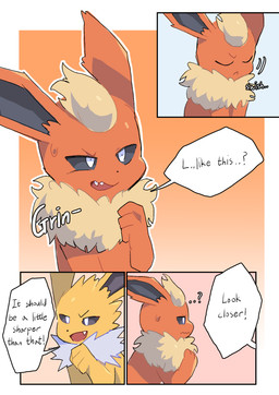 ambiguous_gender bared_teeth cute_fangs dialogue duo fangs feral fur open_mouth red_body red_ears red_fur teeth text white_body white_fur yellow_body yellow_ears yellow_fur pikop nintendo pokemon eeveelution flareon generation_1_pokemon jolteon pokemon_(species) comic english_text hi_res male_(lore)