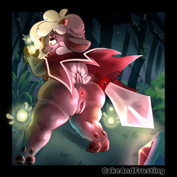 anthro anus bottomless butt clothed clothing female forest genitals hooves magic melee_weapon plant solo spreading sword tail tree vulva weapon cake4ndfrosting cult_of_the_lamb massive_monster_(studio) lamb_(cult_of_the_lamb) bovid caprine mammal sheep 1:1 absurd_res hi_res