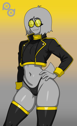 andromorph black_clothing black_jacket black_legwear black_shirt black_stockings black_thong black_topwear black_underwear clothing eyewear femboy glasses grey_body grey_hair hair hand_on_hip intersex jacket legwear logo male midriff shirt solo stockings sweater thong topwear turtleneck underwear yellow_eyewear yellow_glasses puffle_dreemurr club_penguin puffle_bastille_(puffle_dreemurr) humanoid puffle absurd_res artist_logo hi_res