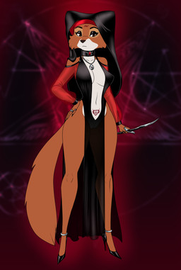 anklet anthro black_clothing black_dress black_eyeshadow brown_eyes clothing collar dagger dress eyeshadow facial_markings female footwear forehead_markings gem genitals hand_on_hip head_markings headdress high_heels holding_object holding_weapon jewelry looking_at_viewer makeup markings melee_weapon necklace occult_symbol pentagram ring satanic_symbol shoes solo symbol translucent translucent_clothing translucent_dress vulva weapon womb_tattoo crovirus disney robin_hood_(disney) maid_marian mary-anne_(crovirus) canid canine fox mammal red_fox true_fox 2022 absurd_res hi_res