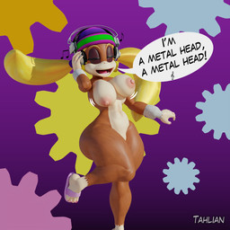 anthro areola big_breasts blonde_hair bouncing_breasts breasts clothing convenient_censorship dancing dialogue ear_piercing electronics erect_nipples exposure_variation eyes_closed feet female fingers footwear fur hair hat headgear headphones headwear listening_to_music nipples nude one_leg_up open_mouth open_smile piercing purple_background raised_leg simple_background smile solo standing text thick_thighs toes wide_hips tahlian donkey_kong_(series) nintendo tiny_kong haplorhine kong mammal monkey primate 1:1 3d_(artwork) digital_media_(artwork) english_text hi_res