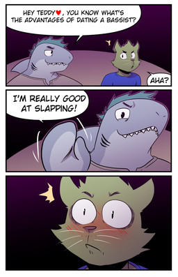 blue_clothing blue_shirt blue_topwear blush clothing dialogue duo earless fin fur gills green_body green_fur green_hair grey_body grey_clothing grey_shirt grey_topwear hair head_fin heart_symbol innuendo male mitten_hands neck_fin nickname sharp_teeth shirt shocked speech_bubble teeth teeth_showing text toothy_grin topwear whiskers t0l0k isaac_(t0l0k) ted_(t0l0k) aquatic domestic_cat felid feline felis fish mammal shark comic english_text hi_res