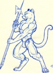 anklet anthro barefoot biped claws clothed clothing ear_piercing feet halberd jewelry male melee_weapon muscular muscular_anthro muscular_male piercing polearm simple_background solo tail toe_claws weapon iisaw cougar felid feline mammal 1993