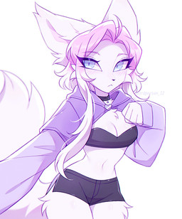 5_fingers :< anthro blue_eyes blush bottomwear breasts cleavage clothed clothing collar curvy_figure female fingers gradient_hair hair heart_symbol hoodie hotpants hourglass_figure looking_at_viewer midriff navel shorts skimpy small_mouth solo topwear 3rdperson_iz iz_(3rdperson_iz) canid canine fox mammal hi_res