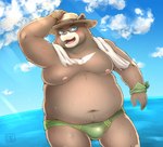 anthro beach belly bulge clothing front_view green_clothing green_speedo green_swimwear hand_on_head hat headgear headwear looking_sideways male moobs open_mouth open_smile overweight overweight_male seaside slightly_chubby slightly_chubby_anthro slightly_chubby_male smile solo speedo swimwear shinoda_hamazaki bear brown_bear mammal ursine