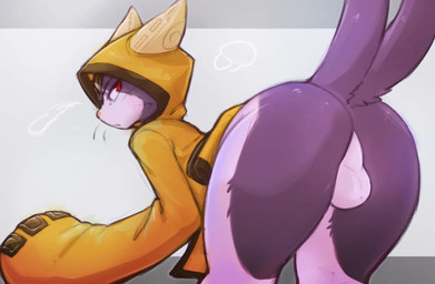 2_tails anthro balls butt clothing coat genitals male multi_tail presenting presenting_hindquarters red_eyes solo tail topwear minzemilk arc_system_works blazblue jubei_(blazblue) beastkin domestic_cat felid feline felis mammal
