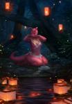 anthro anthronmb biped breasts detailed_background female jewelry kneeling lamp lantern night nipples non-mammal_breasts non-mammal_nipples outside paper_lantern pink_body pink_skin solo water_lantern kuroi-kisin alien scalie 2019 digital_media_(artwork) hi_res