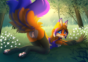 3_tails 4_toes 5_fingers anthro arm_markings ass_up back_markings big_eyes big_tail black_claws black_nose blue_eyes blue_pupils blush blush_lines blushing_at_viewer bodily_fluids breast_squish breasts brown_hair butt cheek_tuft claws clitoris closed_smile countershade_butt countershade_face countershade_fur countershade_neck countershade_torso countershading digitigrade dipstick_ears dipstick_tail ear_markings eyelashes facial_tuft feet female female_anthro finger_claws fingers flower fluffy fluffy_tail fur genital_fluids genitals glistening glistening_eyes glistening_pawpads grass grey_body grey_fur grey_markings hair highlights_(coloring) hindpaw humanoid_genitalia humanoid_hands humanoid_vulva iris leaking_vagina leg_markings long_hair long_tail looking_aside looking_aside_at_viewer looking_at_viewer markings medium_breasts mouth_closed multi_tail multicolored_body multicolored_ears multicolored_fur nature nature_background nude nude_anthro nude_female on_ground orange_body orange_ears orange_fur orange_tail outside pawpads paws pink_blush pink_clitoris pink_pawpads pink_vulva plant pose pupils purple_ear_tips purple_highlights purple_markings purple_tail_tip raised_tail side_view smile smiling_at_viewer snout solo spread_fingers squish stretching tail tail_markings toe_claws toes tree tuft vaginal_fluid_string vaginal_fluids vulva white_body white_breasts white_countershading white_fur white_inner_ear white_sclera white_tuft elisawind kaitlyn_demon canid canine fox mammal english_description full-length_portrait hi_res pinup portrait shaded