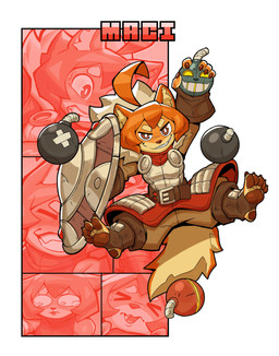 5_fingers 5_toes ahoge anthro armor bomb explosives feet female fingers hair holding_object inner_ear_fluff looking_at_viewer orange_hair shield short_hair smile soles solo toes tuft ceehaz dog_knight_rpg maci_(ceehaz) canid canine canis domestic_dog mammal pomeranian spitz 2022 absurd_res hi_res