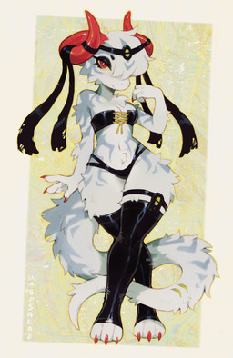 anthro biped breasts claws clothed clothed_anthro clothed_female clothing feet female fingers front_view fur hair horn looking_at_viewer navel simple_background solo standing tail toes waspsalad kobold scalie 2026 digital_drawing_(artwork) digital_media_(artwork) hi_res