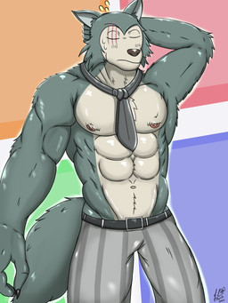 5_fingers abs anthro belt biceps black_nose blush bodily_fluids bottomwear chest_tuft claws clothed clothing countershade_face countershade_torso countershading embarrassed eye_scar eyes_closed facial_scar finger_claws fingers fur glistening glistening_body glistening_clothing glistening_fur grey_body grey_fur hand_behind_head humanoid_hands male muscular muscular_anthro muscular_male navel necktie nervous nipples pants pattern_bottomwear pattern_clothing pattern_pants pecs scar solo standing striped_bottomwear striped_clothing striped_pants stripes sweat sweatdrop topless topless_male tuft friendly25 beastars legoshi_(beastars) canid canine canis mammal wolf 2021 3:4 hi_res portrait signature three-quarter_portrait