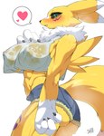 anthro big_breasts black_sclera blue_eyes bottomwear breasts butt clothed clothing female fur hotpants nipples shirt shorts simple_background solo tail topwear translucent translucent_clothing wet wet_clothing wet_shirt wet_topwear white_body white_fur yellow_body yellow_fur shaolin_bones bandai_namco digimon canid canine digimon_(species) mammal renamon absurd_res hi_res