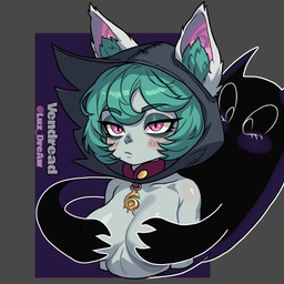 animal_ears big_breasts blush blush_lines breasts covering covering_breasts eyelashes female front_view fur green_hair grey_background grey_body grey_fur grey_hood hair inner_ear_fluff looking_at_viewer pink_eyes pupils purple_background short_hair simple_background slit_pupils solo tuft luz_dreaw league_of_legends riot_games tencent vex_(lol) humanoid yordle 1:1 hi_res