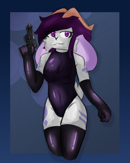 ambiguous_gender anthro beretta_m9 big_ears breasts clothing female fluffy fluffy_tail gloves gun handgun handwear horn latex latex_clothing latex_gloves latex_handwear legwear leotard markings pistol ranged_weapon solo tail thigh_highs weapon wide_hips hellenothere kris_doe bovid caprine goat mammal