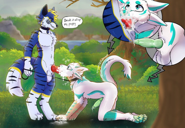 all_fours anthro bdsm bodily_fluids collar cum cum_drip cum_in_mouth cum_inside cum_on_face dialogue dripping duo fellatio forest genital_fluids grass leash male male/male nature oral penile petplay plant precum roleplay sex speech_bubble tree artywolf mythology bluefiger draika canid canine canis dragon mammal mythological_creature mythological_scalie scalie wolf hi_res