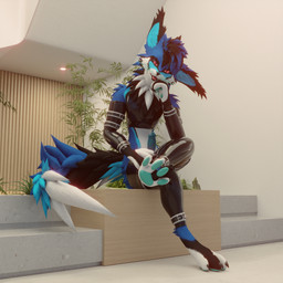anthro blep clothing erection fur genitals latex looking_at_viewer male pawpads paws penis smile solo straps tail tongue tongue_out endoras endoras_(character) rexouium 1:1 3d_(artwork) digital_media_(artwork) hi_res