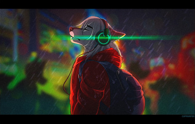 anthro backpack clothed clothing ear_piercing electronics eyes_closed headphones male outside piercing raining solo etsu_cuprumfox canid canine mammal