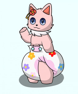 anthro big_diaper blue_eyes clean_diaper clothed clothing diaper diaper_only floral_pattern flower fur gesture looking_at_viewer male pattern_diaper pink_body pink_fur plant print_diaper solo topless waving wearing_diaper white_body white_fur merrit_(artist) amagi_brilliant_park tirami canid canine canis domestic_dog mammal pomeranian spitz digital_media_(artwork) hi_res