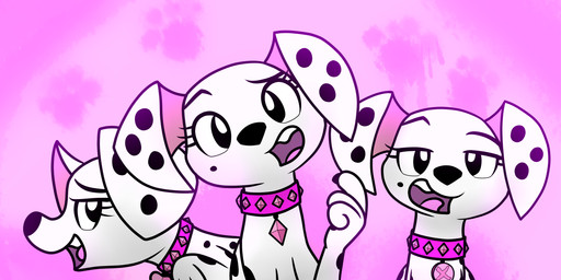black_nose black_spots collar female feral floppy_ears fur group markings mole_(marking) pink_background pink_collar pink_inner_ear simple_background spots toony trio white_body white_fur dazed-and-wandering 101_dalmatian_street 101_dalmatians disney dallas_(101_dalmatians) deja_vu_(101_dalmatians) destiny_(101_dalmatians) triple_d_(101_dalmatians) canid canine canis dalmatian domestic_dog mammal 2:1 absurd_res hi_res