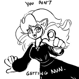 beads big_hair black_clothing black_dress breasts clothing dialogue dress female gesture hair hand_gesture looking_at_viewer nun nun_outfit pointing pointing_at_viewer prayer_beads rosary smile smiling_at_viewer solo standing newtype_hero capcom darkstalkers felicia_(darkstalkers) animal_humanoid cat_humanoid felid felid_humanoid feline feline_humanoid humanoid mammal mammal_humanoid low_res monochrome