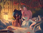 animal_ear_fluff animal_ears anthro autumn_leaves bamboo bamboo_fence bamboo_structure blue_hair blush bottle breasts choko_(cup) container cup duo eye_contact face_to_face female female/female fence finger_to_mouth fox_ears hair hot_spring lamp lantern leaf long_hair looking_at_another night nipples nude onsen outside partially_submerged pink_eyes pink_hair plant ponytail raccoon_ears red_eyes sake_bottle short_hair sitting small_breasts smile tree water enigma_(artist) brand_new_animal studio_trigger michiru_kagemori nazuna_hiwatashi canid canine fox mammal raccoon_dog tanuki 4:3 unavailable_at_source