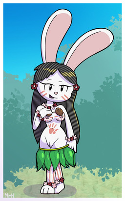anthro barefoot blue_sky breasts clothing coconut_bra feet female flower flower_accessory forest genitals grass grass_skirt hair jungle leaf_skirt markings nipples nude plant sky solo tree tribal tribal_markings undressing vulva mr_harinezumi elinor_wonders_why pbs elinor_rabbit lagomorph leporid mammal rabbit absurd_res hi_res