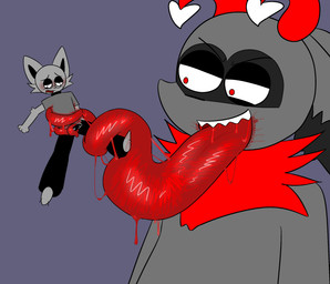 anthro aroused blush bodily_fluids clothed clothing duo erection erection_under_clothing eyewear fur glasses glistening glistening_tongue goo_tongue grey_body grey_fur male micro red_body red_fur red_tongue saliva tongue tongue_out tongue_wrapped_around_penis vore wearing_glasses skllfck felid feline hybrid lizard mammal reptile scalie hi_res