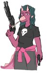 2_horns anthro female gun hair handgun holding_gun holding_object holding_ranged_weapon holding_shotgun holding_weapon horn long_hair long_tail looking_at_viewer pink_body pink_eyes pink_scales pistol ranged_weapon scales shotgun simple_background snout solo spiked_tail spikes spikes_(anatomy) tail teal_hair weapon white_background tippydown cavemanon_studios snoot_game babs_(snoot_game) ankylosaurian ankylosaurid ankylosaurus dinosaur ornithischian prehistoric_species reptile scalie thyreophoran 2024 digital_drawing_(artwork) digital_media_(artwork)