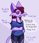 accessory anthro dialogue eeveelution english_text espeon evolution_dysmorphia evolution_dysphoria female fur generation_2_pokemon hair hair_accessory hairband hi_res long_hair looking_at_viewer nintendo pokemon pokemon_(species) purple_body purple_fur red_hair simple_background solo tail talking_to_viewer text tired tired_eyes wildberrytart