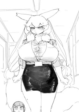 anthro big_breasts blush blush_lines bottomwear breasts button_(fastener) circle_eyebrows clothing duo eyebrows female fluffy fluffy_tail neck_tuft pencil_skirt shirt size_difference skirt straining_buttons tail topwear tuft twintails_(hairstyle) nikumura_q giant_ojou-sama midori_(giant_ojou-sama) sumire_(giant_ojou-sama) human lagomorph leporid mammal rabbit servant_(giant_ojou-sama) greyscale hi_res monochrome