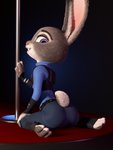 anthro butt clothing female long_ears looking_at_viewer multicolored_ears pole purple_eyes solo toeless_legwear uniform chickenass disney zootopia judy_hopps lagomorph leporid mammal rabbit 3:4 3d_(artwork) absurd_res digital_media_(artwork) hi_res