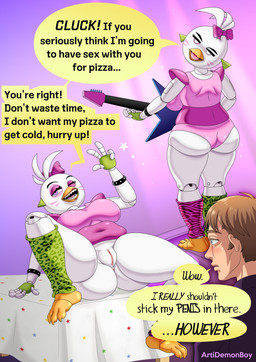 anthro anus avian_feet beak beakstick big_breasts big_butt bottomless bracelet breasts butt clothed clothing dialogue duo ear_piercing eyelashes eyeshadow facial_markings feathers female front_view furgonomics furniture gesture green_clothing green_legwear guitar hand_gesture head_feathers head_markings head_tuft holding_guitar holding_musical_instrument holding_object inviting_to_sex jewelry legwear leotard lipstick looking_at_viewer looking_back looking_back_at_viewer lying machine makeup male markings musical_instrument navel_outline on_back on_table one_eye_closed open_mouth open_smile pattern_clothing pattern_legwear piercing pink_anus pink_bow pink_clothing pink_eyes pink_eyeshadow pink_legwear pink_leotard pink_lipstick plucked_string_instrument rear_view sharp_teeth shoulder_pads slightly_chubby smile speech_bubble string_instrument studded_bracelet studded_jewelry studs table teeth text thick_thighs tuft v_sign white_body white_feathers wide_hips wink winking_at_viewer artidemonboy five_nights_at_freddy's five_nights_at_freddy's:_security_breach scottgames steel_wool_studios glamrock_chica animatronic avian bird chicken galliform human mammal phasianid robot absurd_res english_text hi_res meme