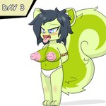 ahegao anthro big_breasts big_nipples black_hair blue_eyes blush bodily_fluids breasts clothing female fur genital_fluids green_body green_fur hair huge_nipples looking_pleasured nipples panties rope solo tail underwear vaginal_fluids white_clothing white_panties white_underwear young young_anthro young_female milkis2000 mammal rodent sciurid tree_squirrel 1:1