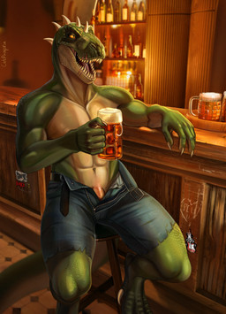 abs alcohol alternative_fashion anthro bar bare_chest beer beverage bottomwear bulge claws clothing counter denim denim_bottomwear denim_clothing denim_shorts genitals green_body jeans_pull male muscular muscular_male open_mouth penis penis_base punk pupils scar sharp_teeth shorts slit_pupils solo spikes teeth unzipped unzipped_pants yellow_eyes zipper catpumpkin rocco_(tallion) dinosaur prehistoric_species reptile saurischian scalie theropod tyrannosaurid tyrannosauroid tyrannosaurus tyrannosaurus_rex absurd_res hi_res