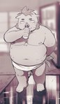 2022 anthro belly big_belly bodily_fluids ganglie_(tas) hi_res humanoid_hands kemono lifewonders male mammal moobs navel nipples overweight overweight_male solo suid suina sus_(pig) sweat tokyo_afterschool_summoners towel umekemo42 wild_boar