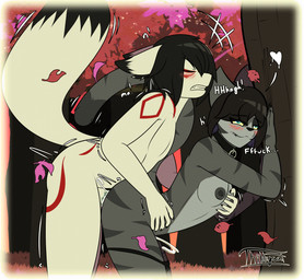 ambiguous_fluids anthro bite biting_lip black_hair black_nipples blue_eyes blush bodily_fluids breast_grab breasts breath clothing clothing_around_legs collar cum cum_drip cum_inside dripping duo eyes_closed female from_behind_position fur genital_fluids grey_body grey_fur hair hand_on_breast heart_symbol leaf male male/female markings motion_lines nipples nude orgasm orgasm_face outside outside_sex panties panties_around_legs panting plant red_markings sex striped_body striped_fur stripes tree underwear underwear_around_legs white_body white_fur thibbycat canid canine felid feline fox mammal hi_res
